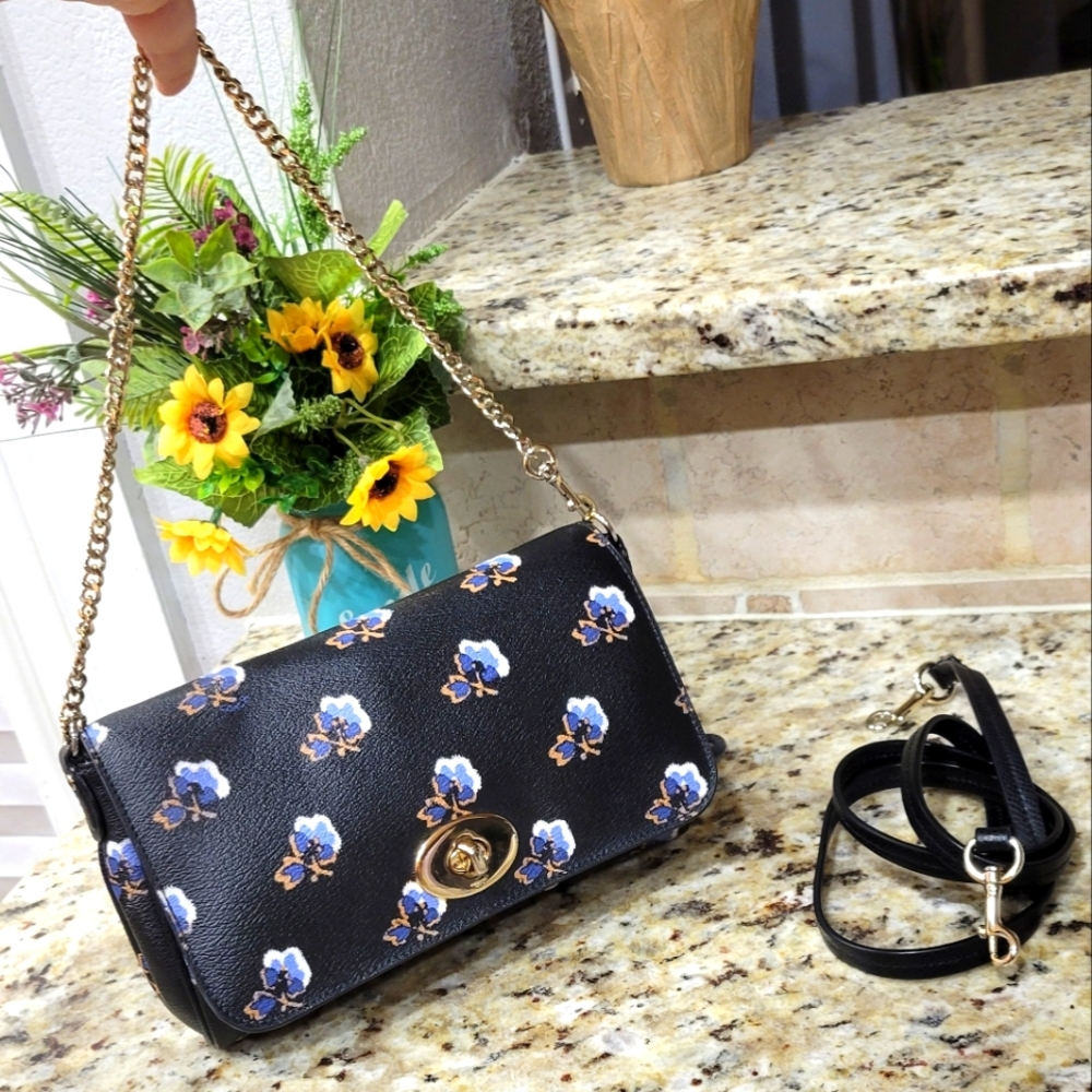 Coach Floral Embossed Design in Navy Blue with Detachable Crossbody Strap